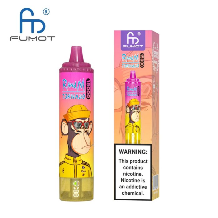 RandM Tornado 15000 vape with a cartoon ape wearing a yellow bucket hat, yellow shirt, and heart-shaped sunglasses beside matching box