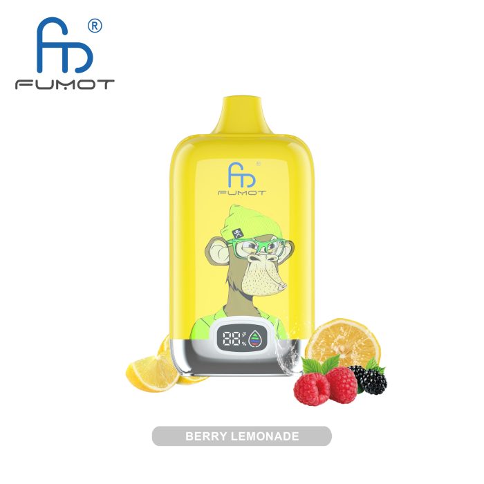 Berry Lemonade flavored vape featuring a fun monkey design, with fresh raspberries, blackberries, lemon slices, and a splash of lemonade.