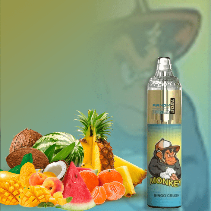 RandM Tornado 7000 Bingo Crush vape with a tropical fruit blend, featuring a playful monkey design and vibrant fruit assortment.