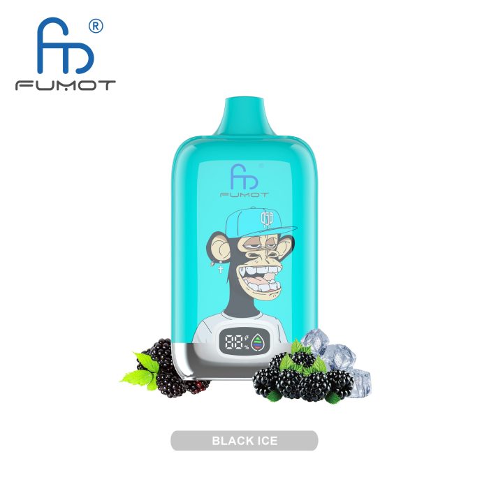 Black Ice flavored vape featuring a fun monkey character with fresh blackberries, mint leaves, and ice cubes for a cooling and refreshing experience.