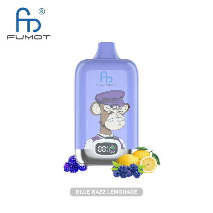 Blue Razz Lemonade flavored vape featuring a fun monkey design, with fresh blueberries, blackberries, and slices of lemon.