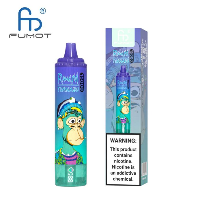 RandM Tornado 15000 disposable vape in a blue-purple gradient featuring a relaxed cartoon ape design with winter hat and sweater