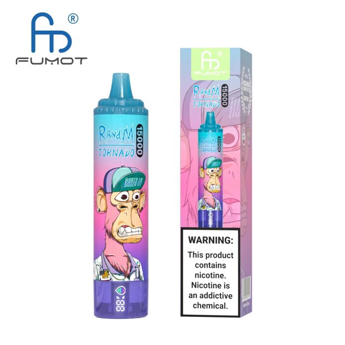 RandM Tornado 15000 vape in a pink-blue gradient featuring a cartoon surprised ape wearing a cap and Hawaiian shirt