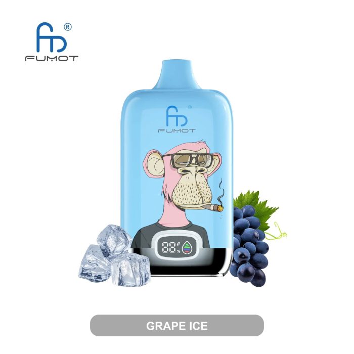 Grape Ice flavored vape featuring a playful pink monkey design, fresh grapes, and ice cubes with a cool blue background.