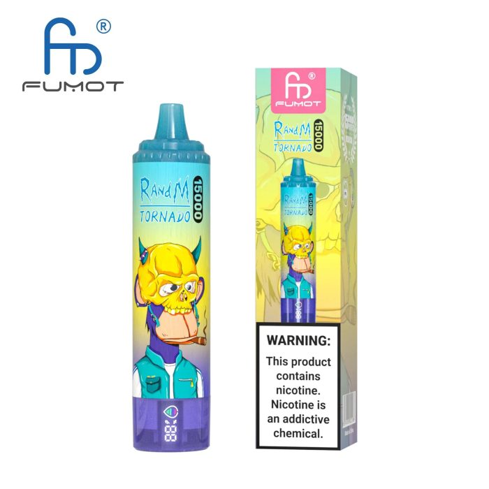 RandM Tornado 15000 vape with a bold yellow horned mask-wearing cartoon ape on a yellow-blue gradient background