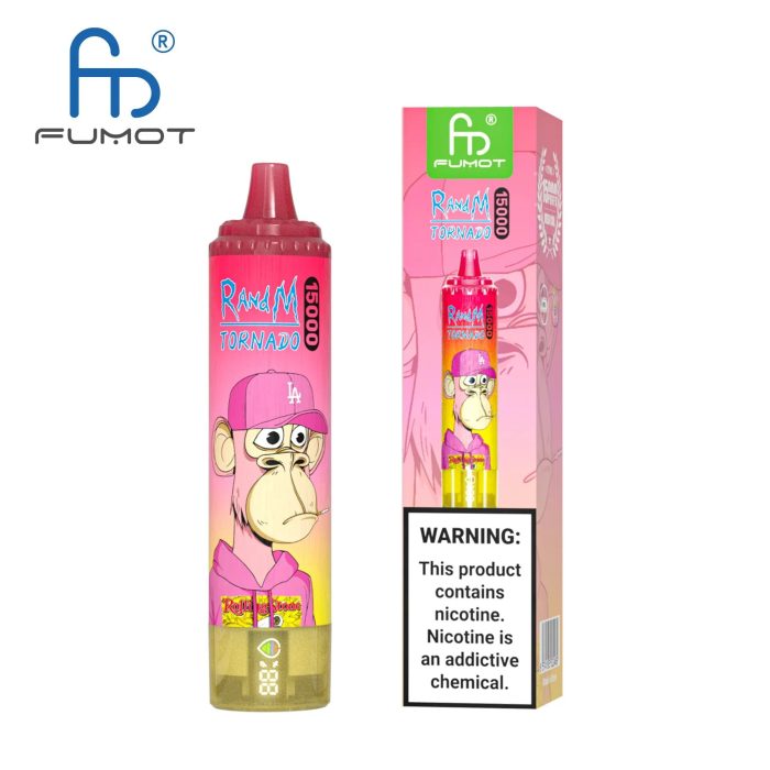RandM Tornado 15000 disposable vape with pink LA cap and hoodie cartoon ape design, displayed with matching packaging