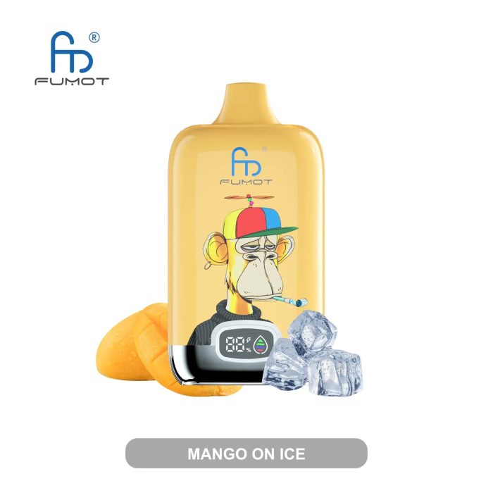 Yellow RandM Fumot vape with a colorful cap-wearing cartoon monkey design, digital puff counter, surrounded by mango slices and ice cubes