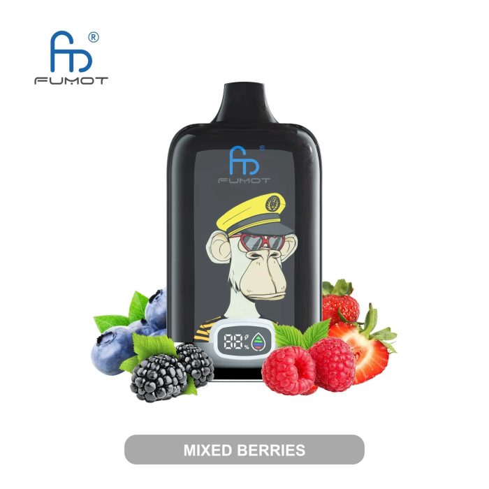 Black RandM Fumot vape featuring a captain monkey illustration with a digital display and surrounded by mixed berries