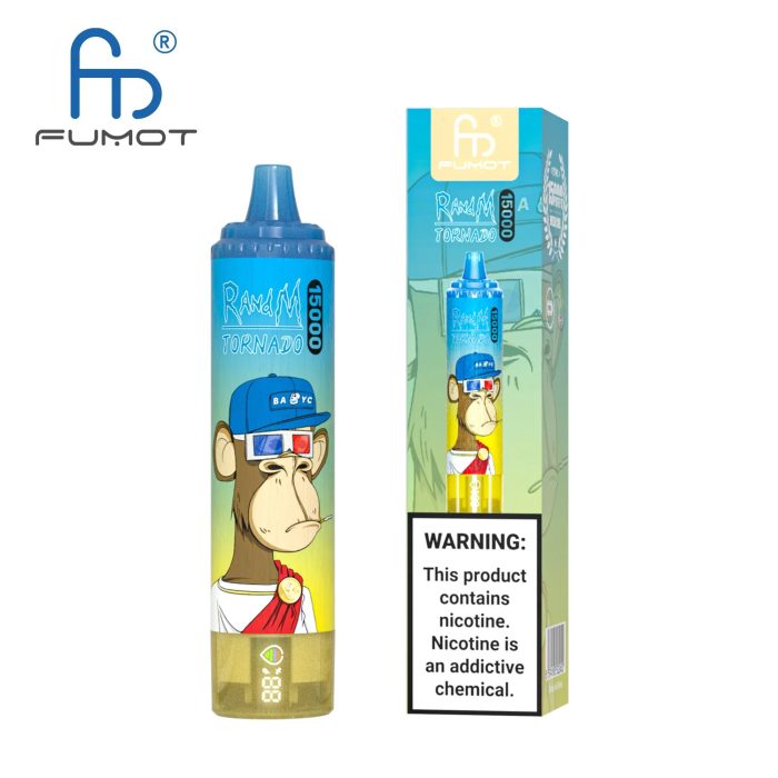 RandM Tornado 15000 vape featuring a cartoon ape wearing a blue cap and Roman-style toga, next to its matching box