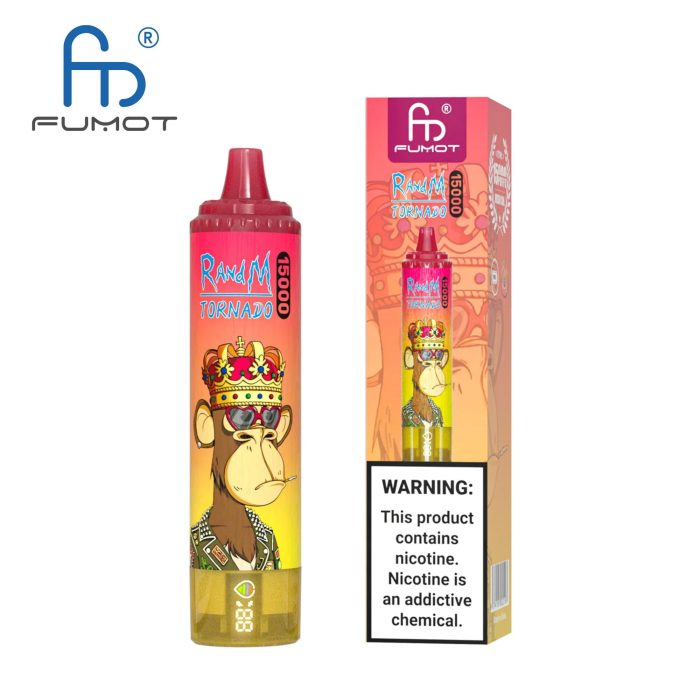 RandM Tornado 15000 disposable vape with crowned ape illustration and matching retail box in red-yellow gradient