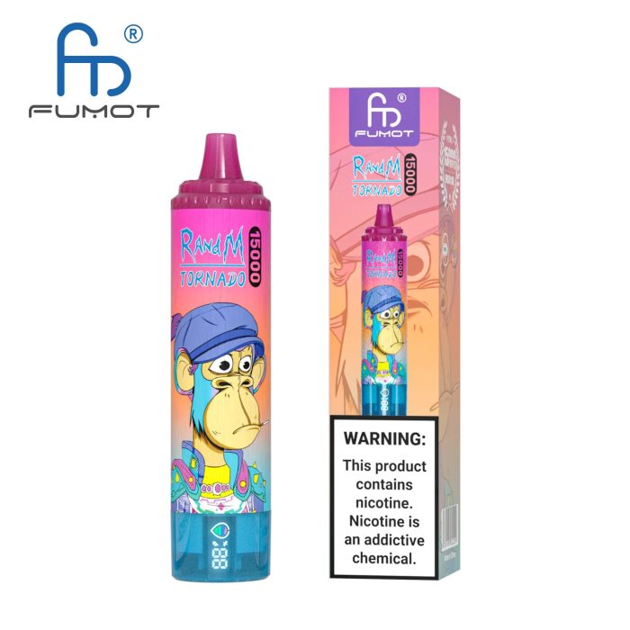 RandM Tornado 15000 vape with cartoon ape wearing a purple beanie on a pink-to-blue gradient background, shown with matching box