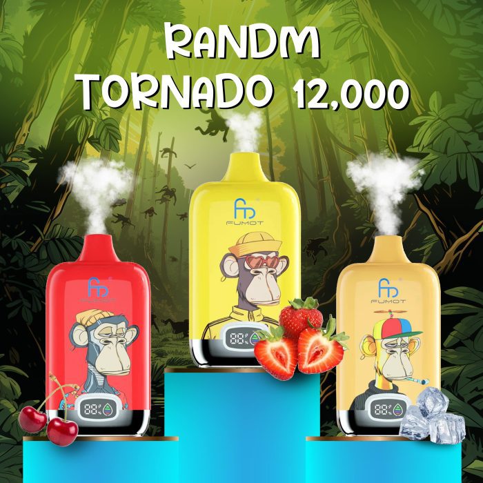 Random Tornado 12000 vapes with colorful monkey-themed designs in red and yellow, surrounded by fresh strawberries, cherries, and ice cubes with a jungle background.