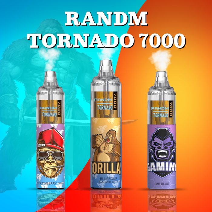 Three RandM Tornado 7000 vapes emitting vapor clouds, featuring unique Gorilla, Gaming, and Urban designs with Strawberry Kiwi, Blue Sour Raspberry, and Mr Blue flavors.
