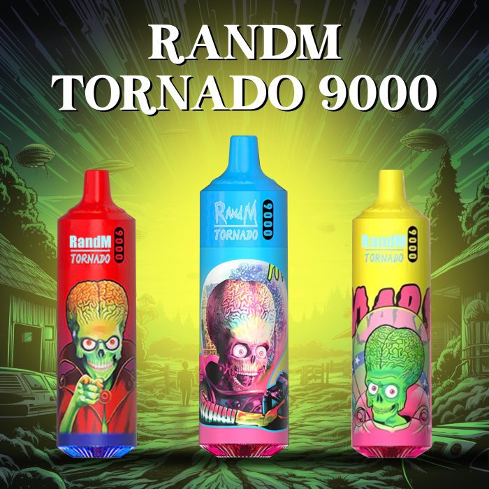Random Tornado 9000 vape featuring alien-themed designs in vibrant red, blue, and yellow packaging. Set against a cosmic background with flavors in bright, futuristic colors.