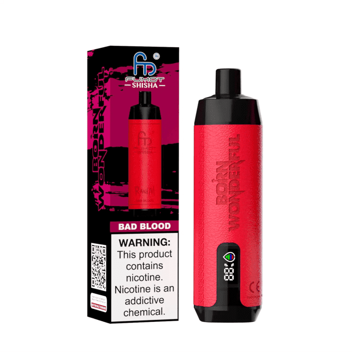 RandM Shisha Bad Blood disposable vape and its packaging featuring bold red design and nicotine warning label