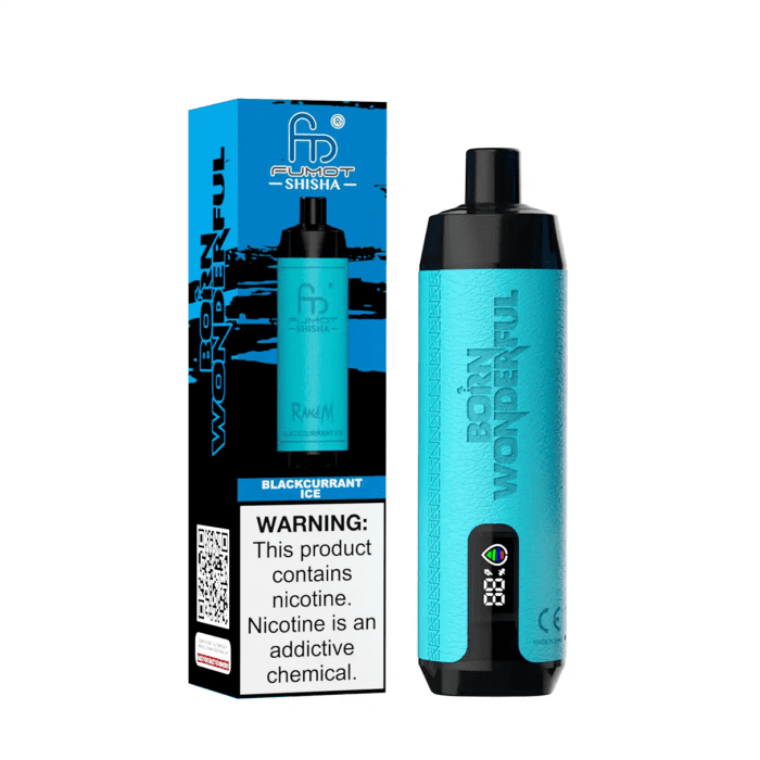 RandM Shisha Blackcurrant Ice disposable vape with packaging in vibrant blue design and nicotine warning
