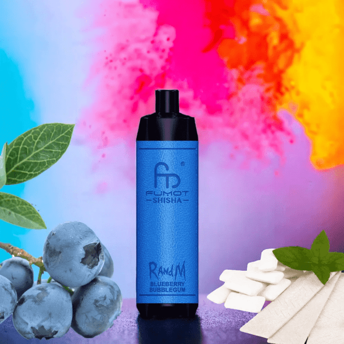 Blue RandM Shisha Blueberry Bubblegum vape with blueberries, bubblegum pieces, and a colorful background splash