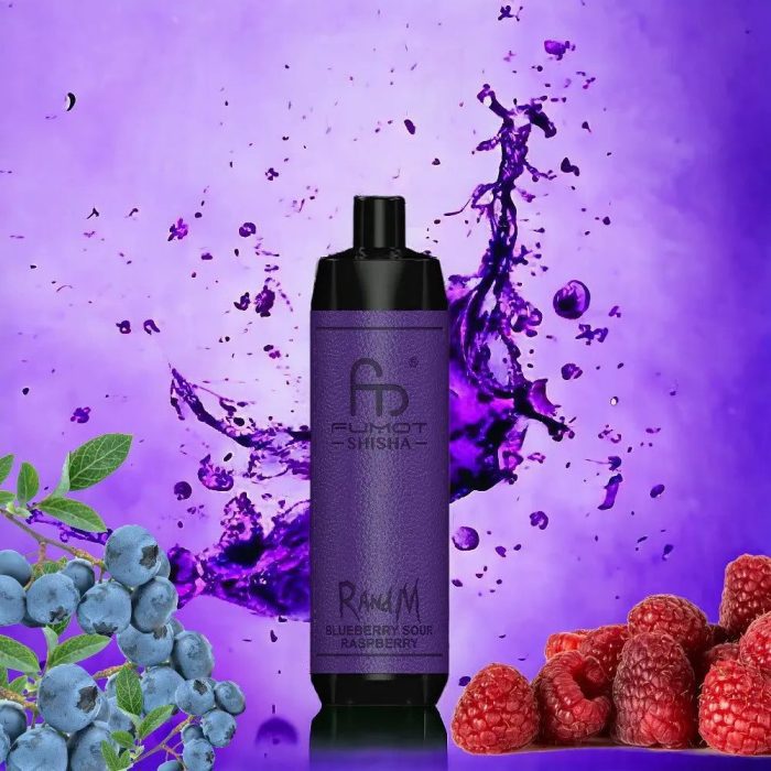 RandM Shisha Blueberry Sour Raspberry vape with blueberries, raspberries, and purple splash background