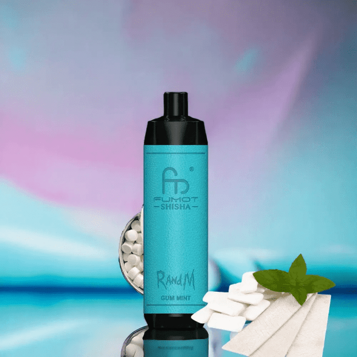 RandM Shisha Gum Mint vape with mint leaves and chewing gum pieces on a soft blue and purple background