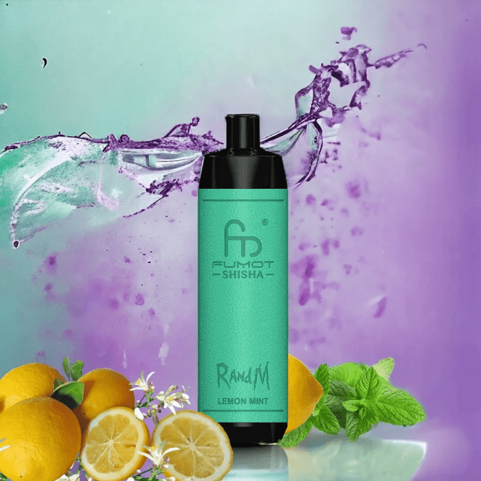 RandM Shisha Lemon Mint vape with fresh lemons, mint leaves, and a vibrant mint-purple splash background
