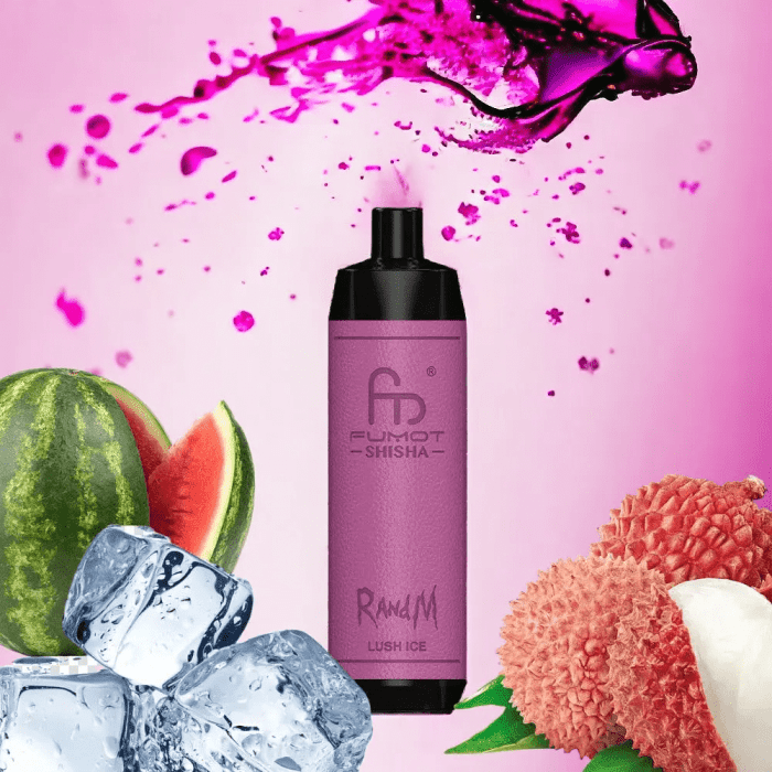 RandM Shisha Lush Ice vape with watermelon, lychee, and ice cubes on a pink splash background