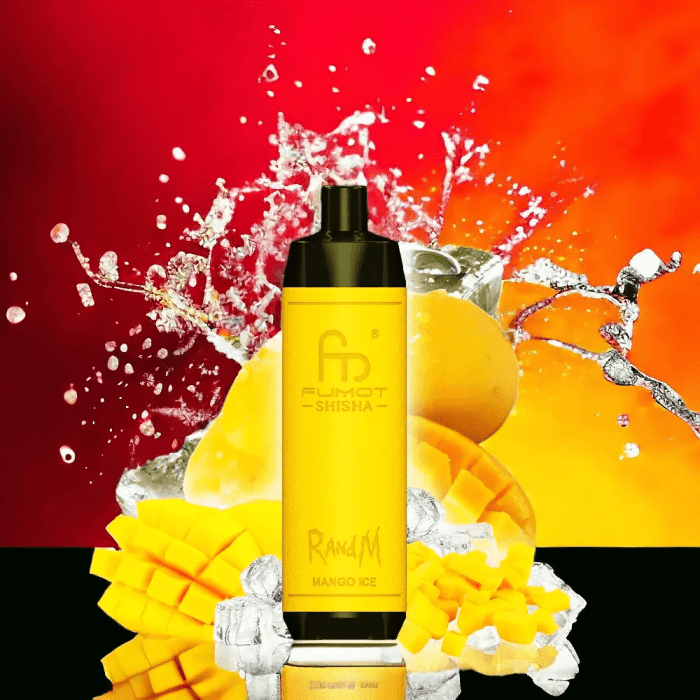 RandM Shisha Mango Ice vape surrounded by sliced mangoes and ice cubes with an orange-red splash background