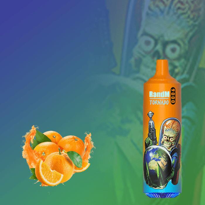 RandM Tornado 9000 orange vape with alien graphic, surrounded by whole and sliced oranges in a splash effect.