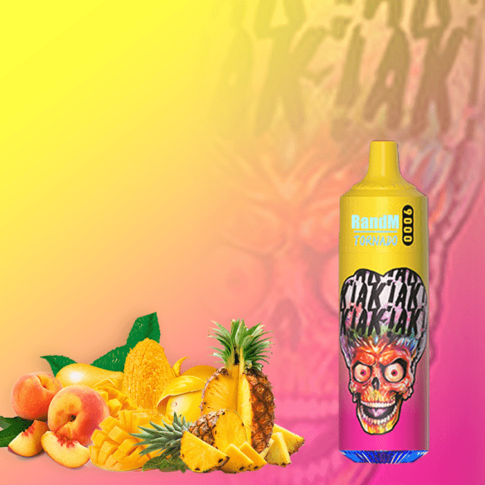 RandM Tornado 9000 yellow vape with vibrant alien design, surrounded by mangoes, peaches, and pineapples.