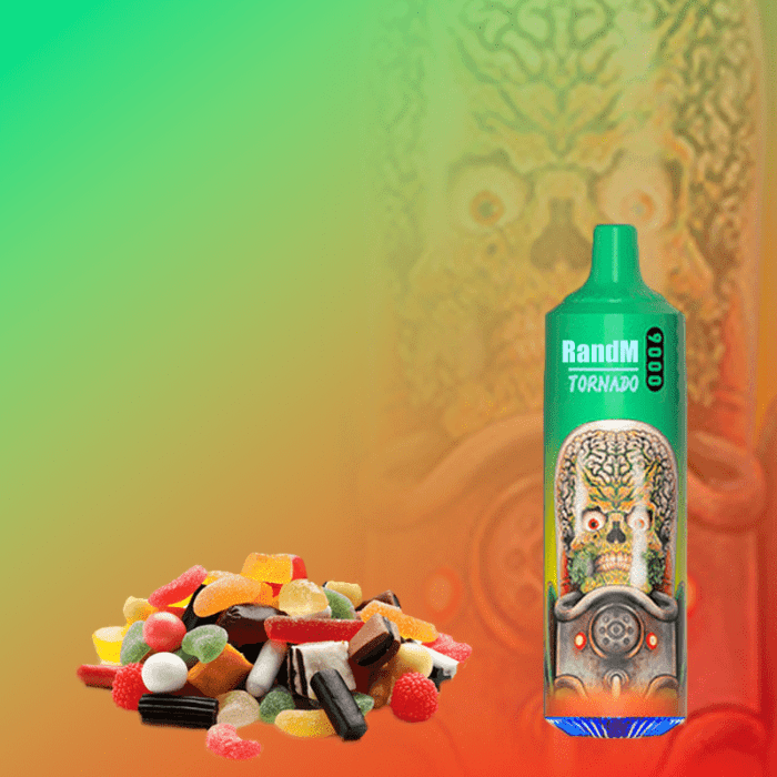Green RandM Tornado 9000 vape with alien skull design next to assorted colorful candies on a vibrant orange-green background.