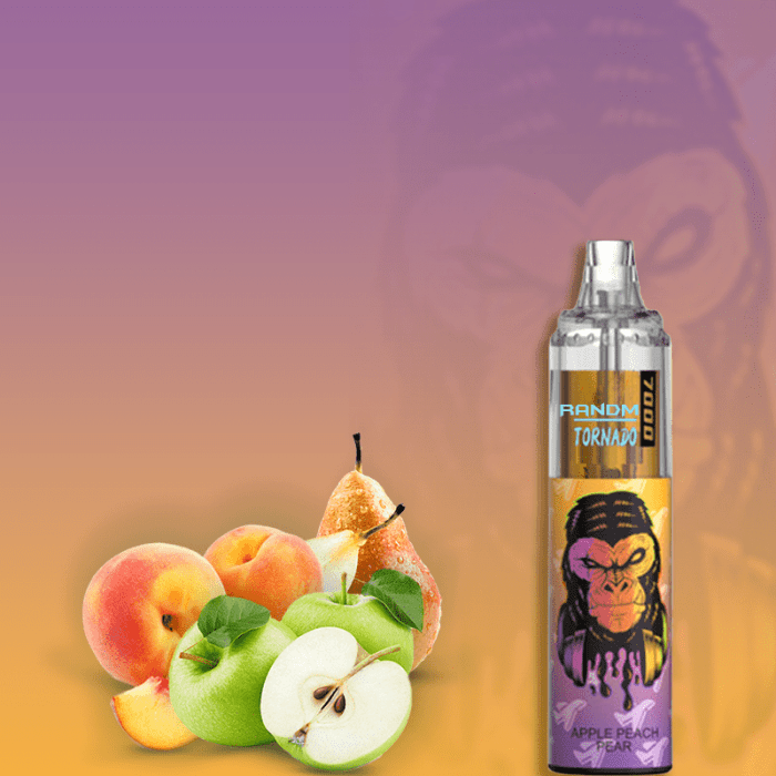 RandM Tornado 7000 Apple Peach Pear vape with fresh apples, peaches, and pears on a sunset gradient background.