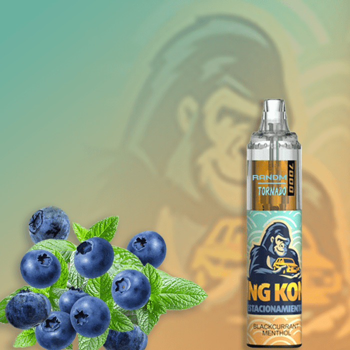 RandM Tornado 7000 disposable vape in Blackcurrant Menthol flavor with blueberries and mint leaves on a gradient green-orange background.