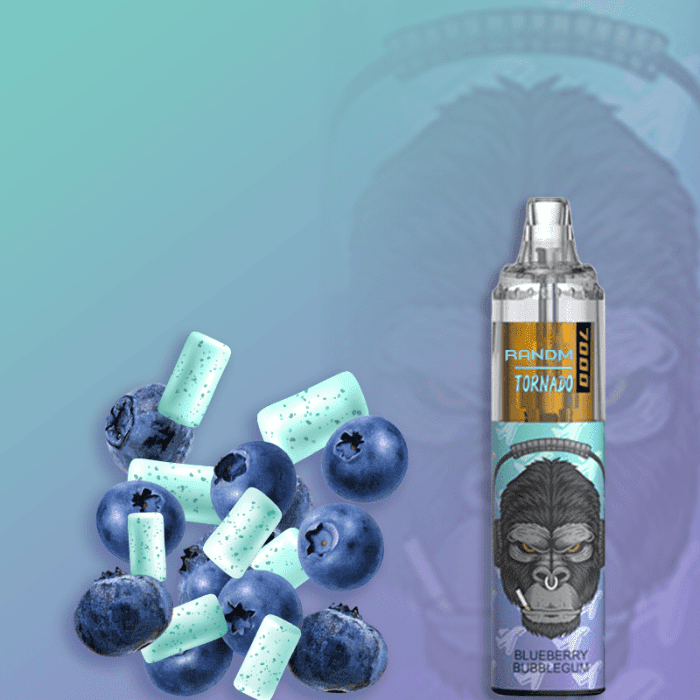 RandM Tornado 7000 Blueberry Bubblegum vape with fresh blueberries and minty bubblegum pieces on a teal to lavender background.