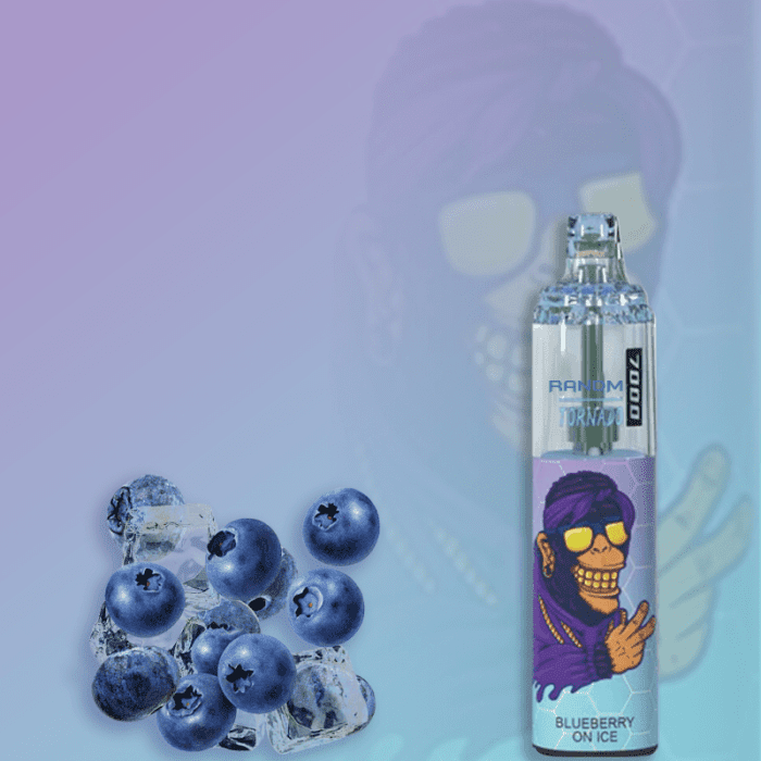 RandM Tornado 7000 disposable vape with blueberry on ice flavor, featuring a cool monkey character and surrounded by fresh blueberries and ice cubes.