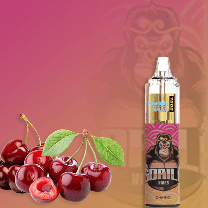 RandM Tornado 7000 disposable vape in Cherry flavor with fresh cherries and a pink-orange gradient background.