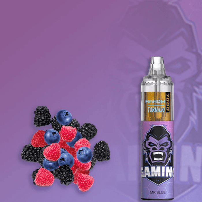 RandM Tornado 7000 disposable vape Mr. Blue flavor with blueberries, raspberries, and blackberries on a purple background.