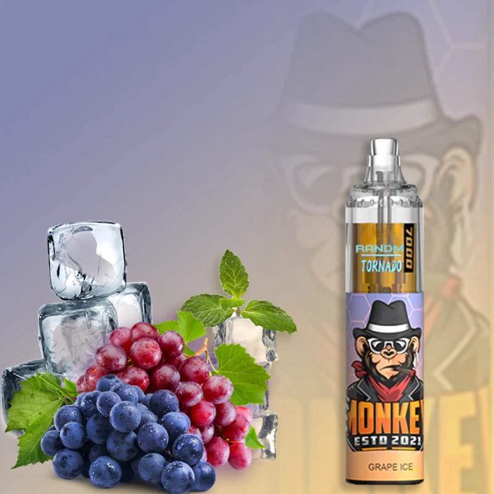 RandM Tornado 7000 disposable vape in Grape Ice flavor with red and purple grapes, mint leaves, and ice cubes on a pastel gradient background