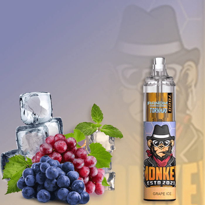 RandM Tornado 7000 disposable vape in Grape Ice flavor with a Monke design, surrounded by ice cubes and red and purple grapes.