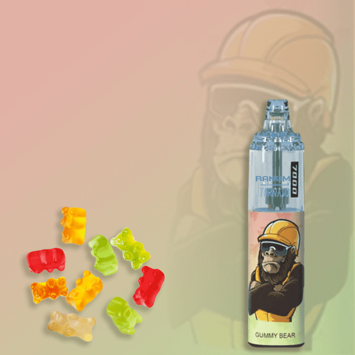 RandM Tornado 7000 vape with a gorilla in a yellow cap, next to colorful gummy bears on a pastel gradient background.