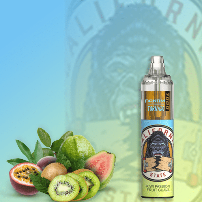 RandM Tornado 7000 California edition vape with a gorilla design and kiwi, passion fruit, and guava flavor blend.