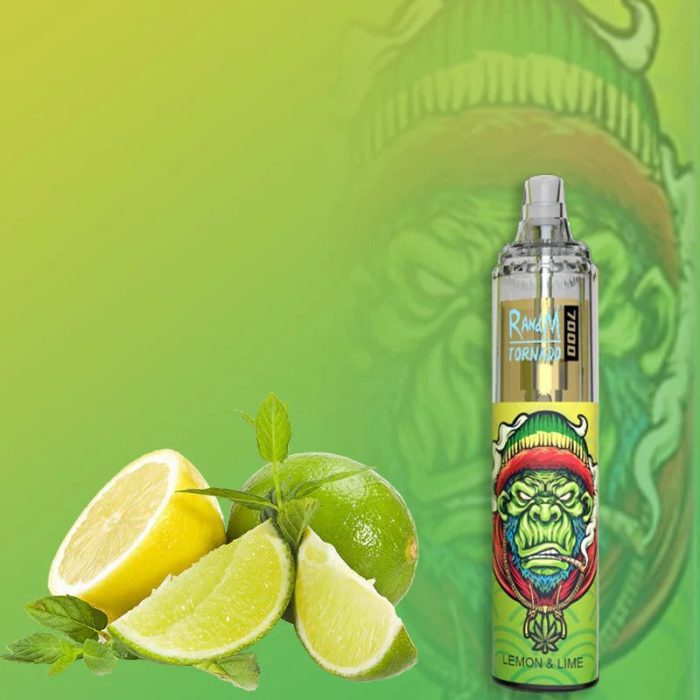 RandM Tornado 7000 Lemon & Lime vape with sliced lemons, limes, and mint leaves on a green background.