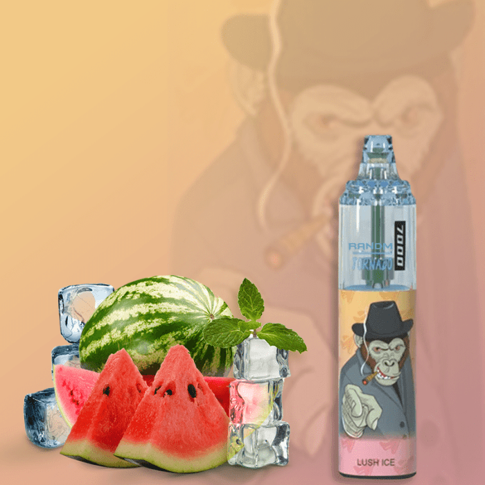 RandM Tornado 7000 Lush Ice vape with watermelon, mint leaves, and ice cubes on a warm background.