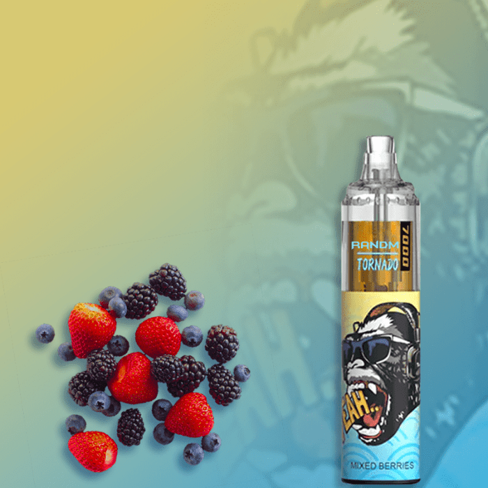 RandM Tornado 7000 disposable vape featuring mixed berries flavor with a roaring gorilla design and a background of strawberries, blackberries, and blueberries.