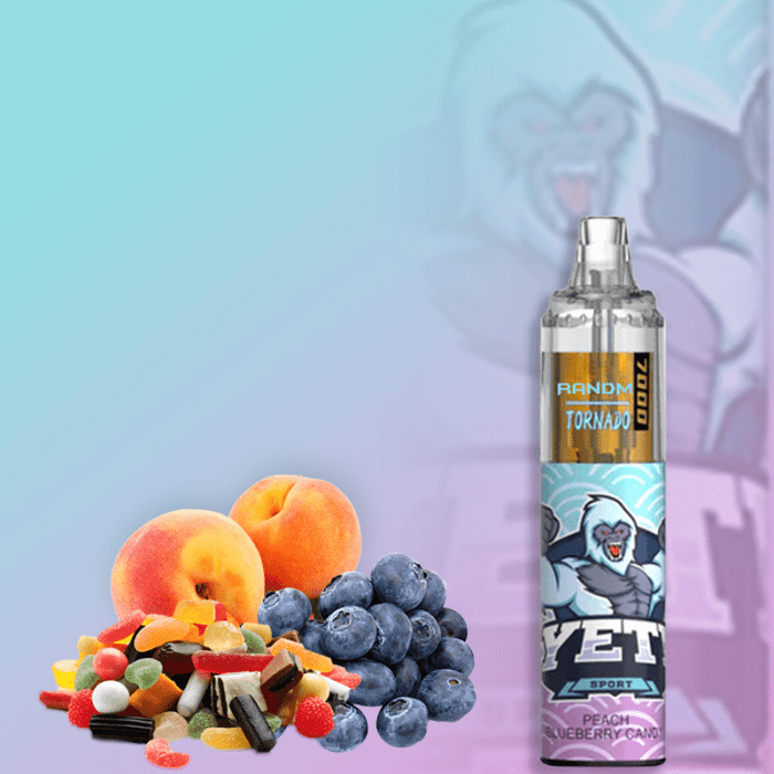 RandM Tornado 7000 disposable vape in Peach Blueberry Candy flavor with Yeti design, displayed with peaches, blueberries, and colorful candy.