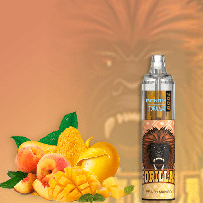 RandM Tornado 7000 disposable vape in Peach Mango flavor with fresh mango and peach fruits on a warm orange background.