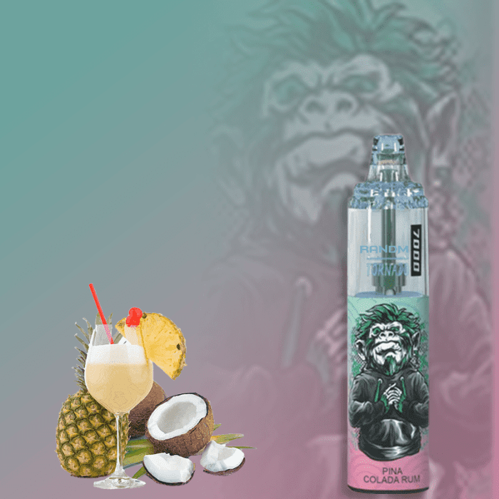 RandM Tornado 7000 vape in Pina Colada Rum flavor with fresh pineapples, coconut halves, and a tropical cocktail on a teal-to-pink gradient background.