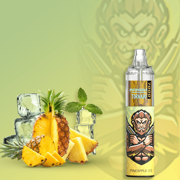 RandM Tornado 7000 vape featuring Pineapple Ice flavor with sliced pineapple, ice cubes, and a mint garnish on a green-yellow gradient background.