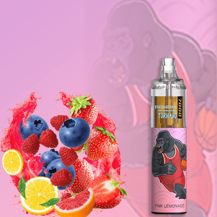 RandM Tornado 7000 disposable vape in Strawberry Grape flavor with fresh grapes and strawberries on a blue gradient background.