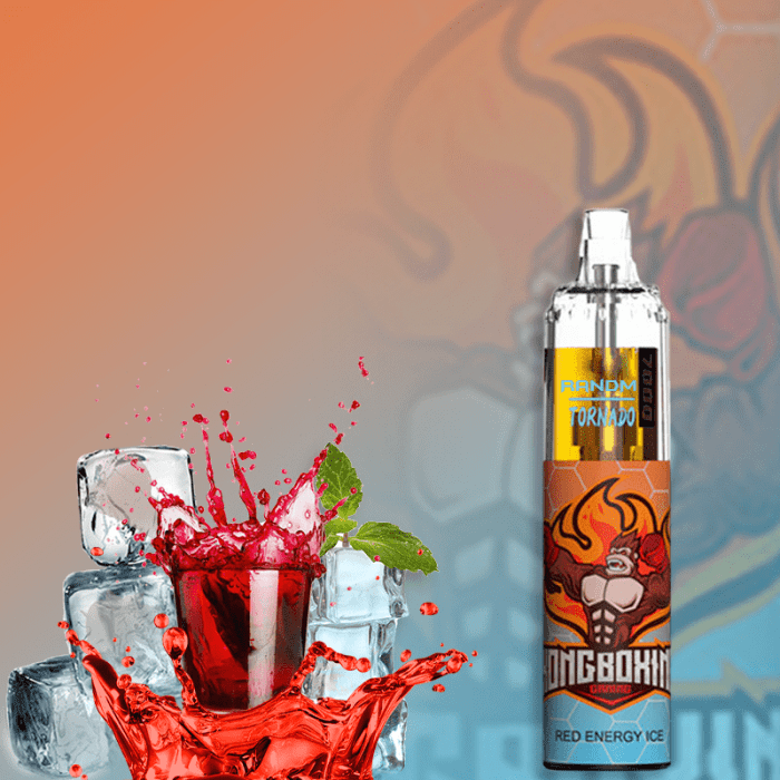 RandM Tornado 7000 vape with Red Energy Ice flavor, featuring a muscular longboxer design and splashes of red energy drink with ice cubes.