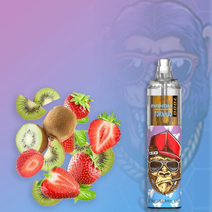 RandM Tornado 7000 with strawberry and kiwi flavor, featuring a cool monkey with sunglasses design.