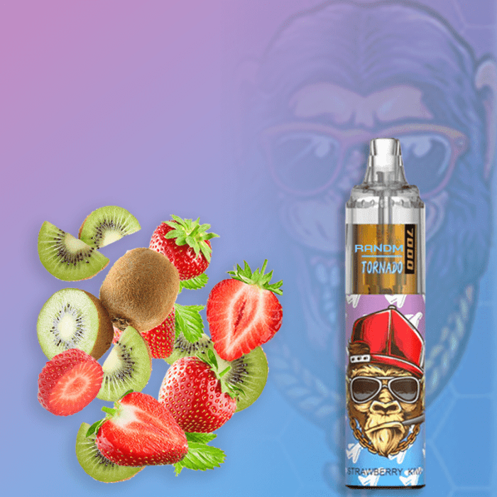 RandM Tornado 7000 disposable vape in Strawberry Kiwi flavor with fresh kiwi slices and strawberries on a purple-blue background.